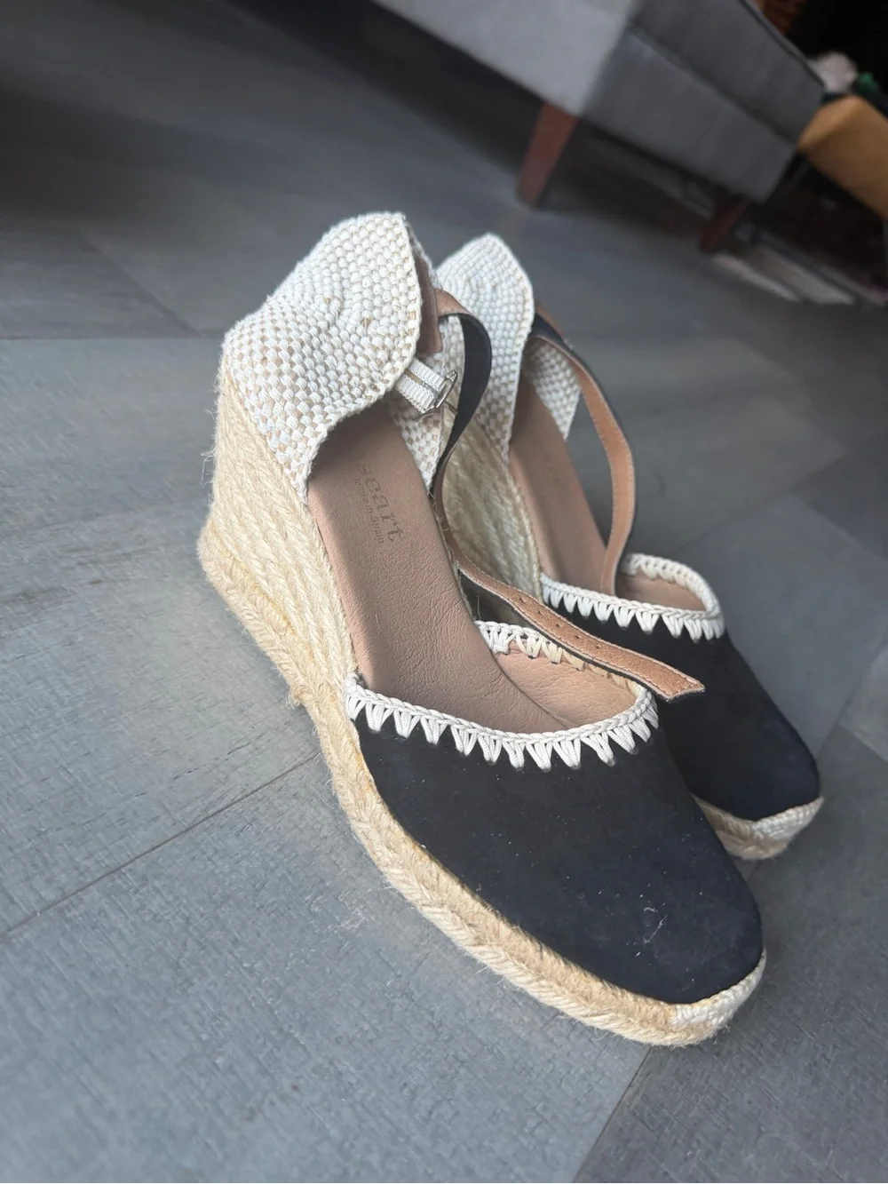 MADE IN SPAIN Black Espadrille Wedge Sandals with White Trim and Ankle Strap